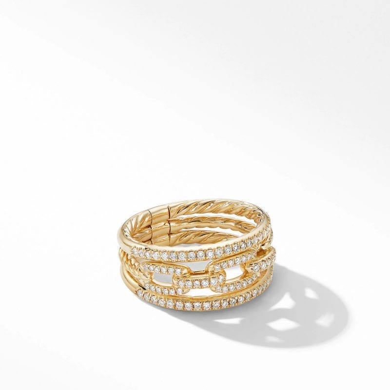 David Yurman Stax Three-Row Chain Link Ring in 18K Yellow Gold and Diamonds, Size 6