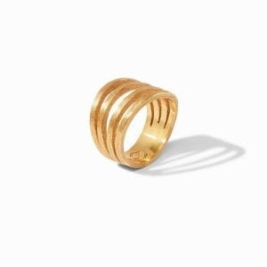 Vertical view of ring. A textured, gold plated shank splits off into four bands along the front half of this ring.