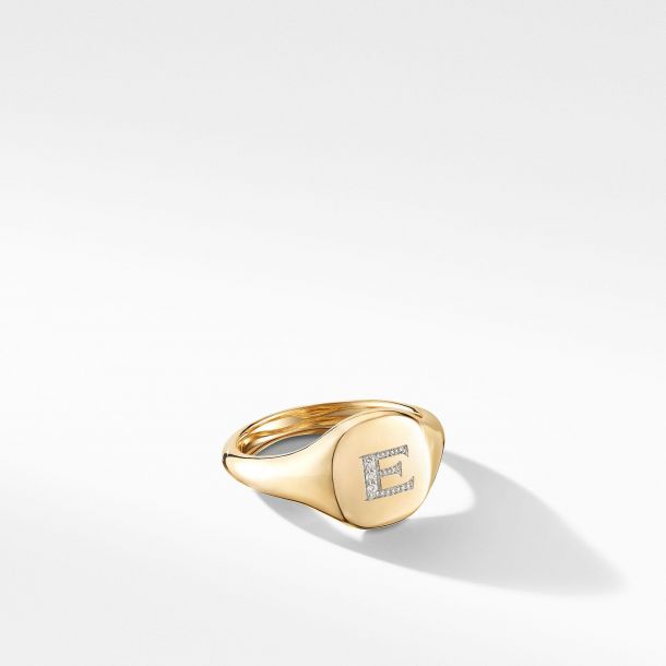 David Yurman Mini E Initial Pinky Ring in 18K Yellow Gold with Diamonds, Size 3