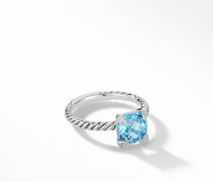 David Yurman Chatelaine Ring with Blue Topaz and Diamonds, Size 8
