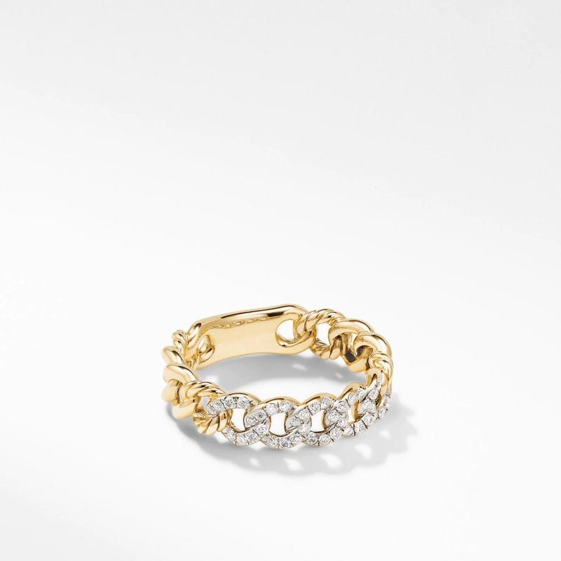 David Yurman Belmont Curb Link Narrow Ring in 18K Yellow Gold with Pave Diamonds, Size 7