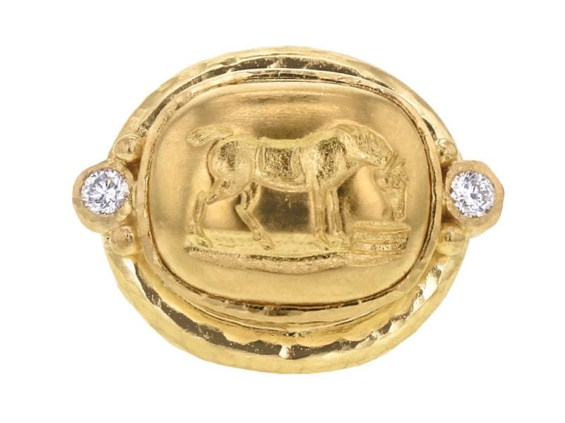 Elizabeth Locke 19kt Yellow Gold Grazing Horse Ring with Diamonds