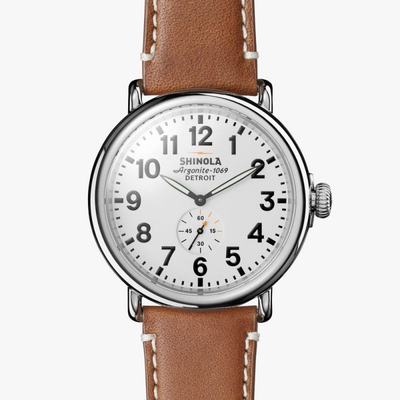 Shinola Runwell 47mm Watch with White Dial and Brown Leather Strap