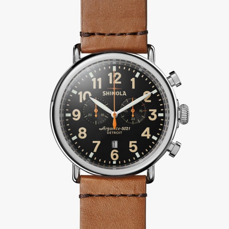 Shinola Runwell Chronograph 47mm Watch with Black Dial and Brown Leather Strap