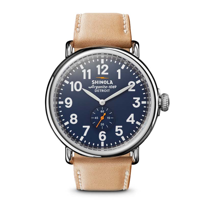 Shinola Runwell 47mm Watch with Navy Dial and Tan Leather Strap