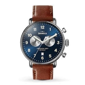 Shinola Canfield Chronograph 43mm Watch with Navy Dial and Dark Cognac Leather Strap Watches Bailey's Fine Jewelry