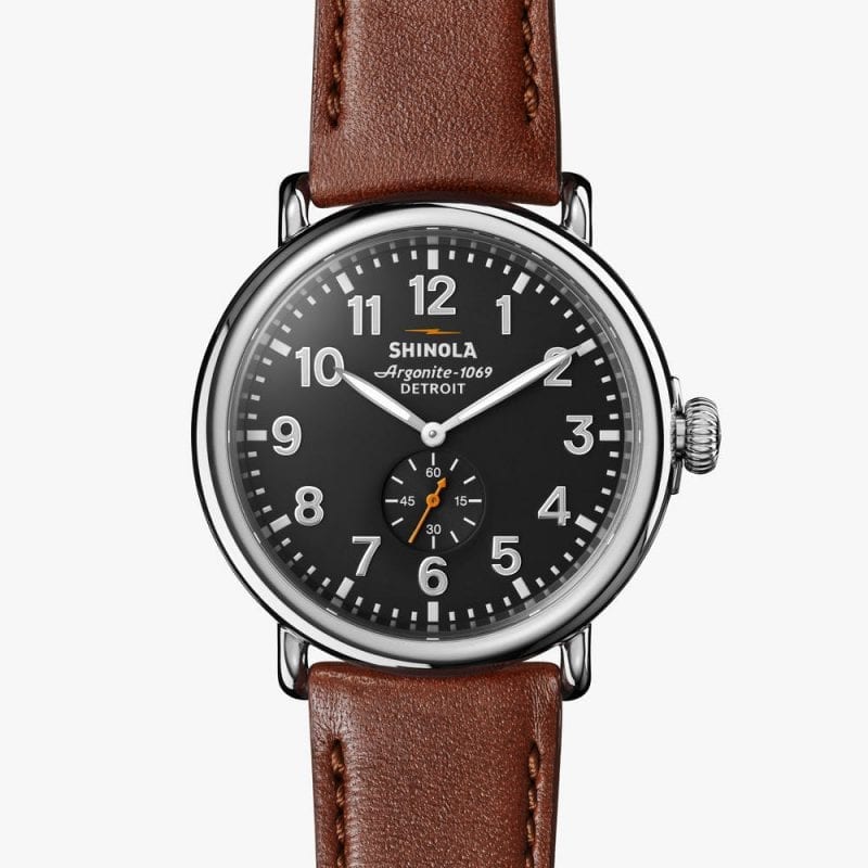 Shinola Runwell 47mm Watch with Cool Gray Dial and Dark Cognac Leather Strap