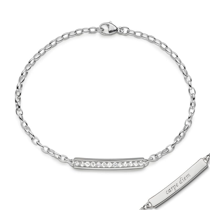 monica rich silver white sapphire chain bracelet with carpe diem engraved