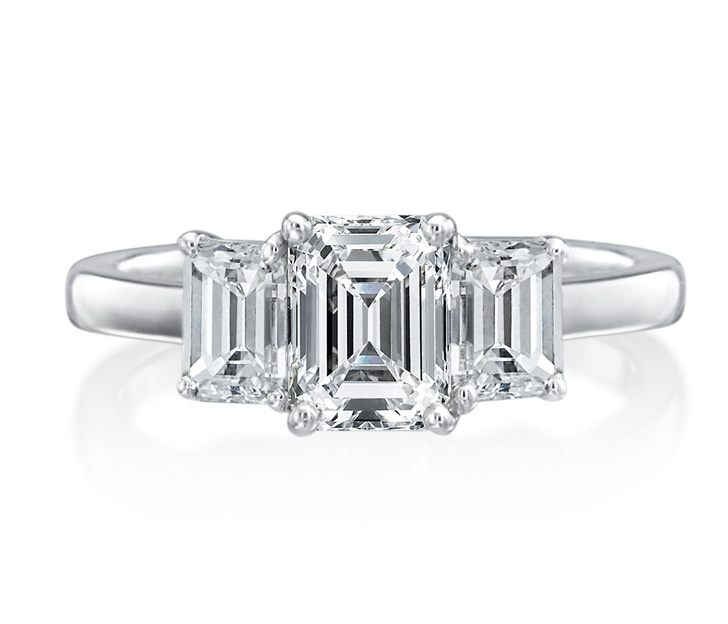 Platinum GIA Certificated Emerald Cut Diamond Three Stone Ring