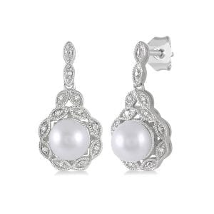 Bailey’s Sterling Collection Pearl and Diamond Drop Earrings Earrings Bailey's Fine Jewelry