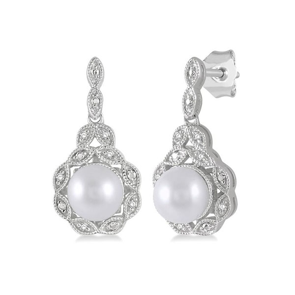 Sterling Silver Pearl and Diamond Antique Style Drop Earrings