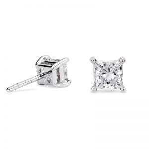 four prong princess cut diamond stud earrings front and back view