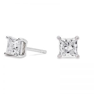 four prong princess cut diamond stud earrings front and front angle view