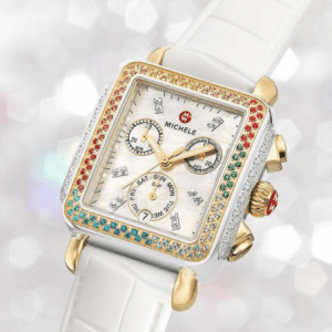 white watch with multicolored diamonds around watch face
