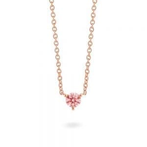 pink round diamond pendant set in 3-prong martini setting stationed on rose gold chain