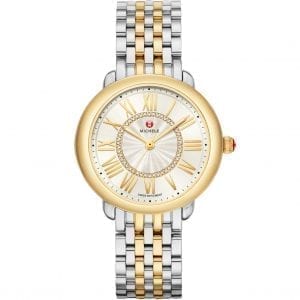 Michele Serein Mid Stainless Steel and 18k Yellow Gold Plate Diamond Dial Watch Watches Bailey's Fine Jewelry