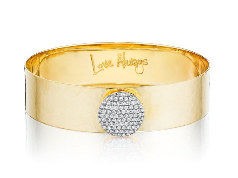 front product view of phillips house affair love always gold and diamond bracelet with words "love always" engraved inside