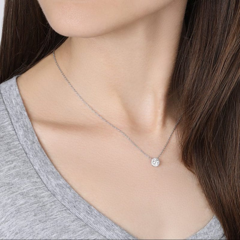 diamond halo pendant necklace on model