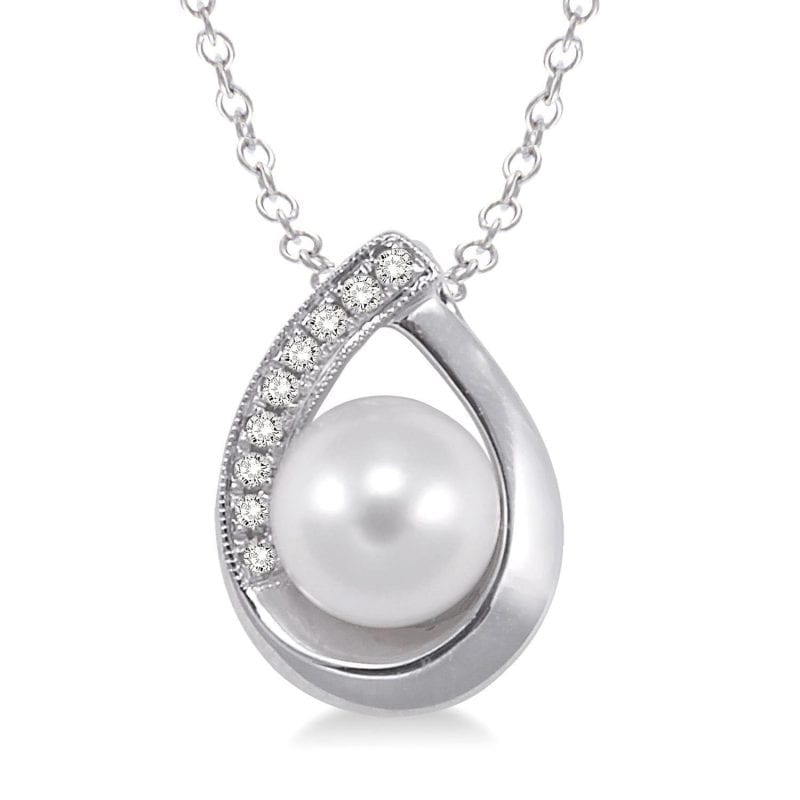 Sterling Silver Pearl and Diamond Pendant Necklace