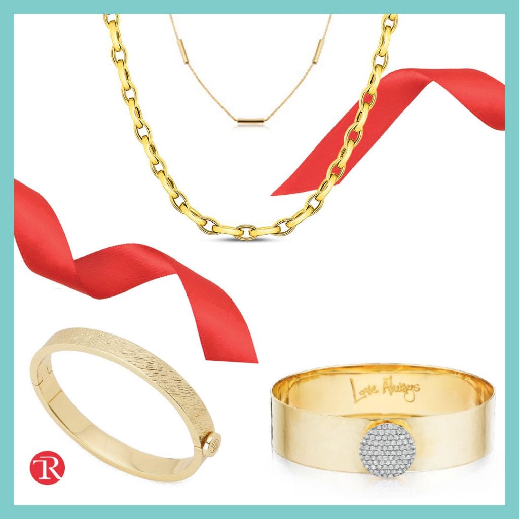 Image of jewelry from the "elevate your look" trend with twisted red ribbon in the background. There is a gold bangle in the bottom left corner next to a logo with the letters "T" and "R." There is a gold and diamond bangle in the bottom right corner that says 'Love Always." There are two gold chains at the top of the image in the middle.