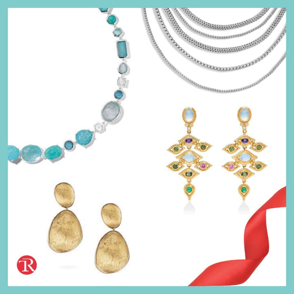 Photo of statement jewelry from the "make a statement" jewelry trend. There is twisted red ribbon in bottom right corner. Silver chain necklaces are show at the top right. A stone blue and white stone necklace is shown in the top left corner. Gold drop earrings are shown in the bottom left corner. Gold chandelier earrings with gemstones are show in the right middle.