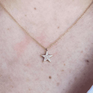 gold necklace with diamond star pendant on model
