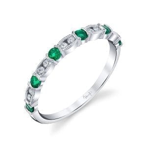 Emerald and Diamond Band in 14k White Gold Stackable Bands Bailey's Fine Jewelry
