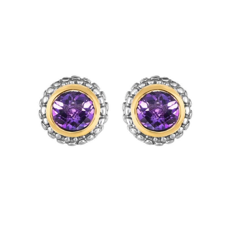 Sterling Silver Amethyst Stud Earrings with 18k Yellow Gold Accents