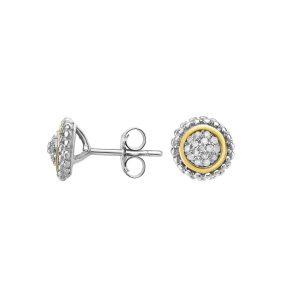 Sterling Silver Diamond Cluster Stud Earrings with 18k Yellow Gold Accents