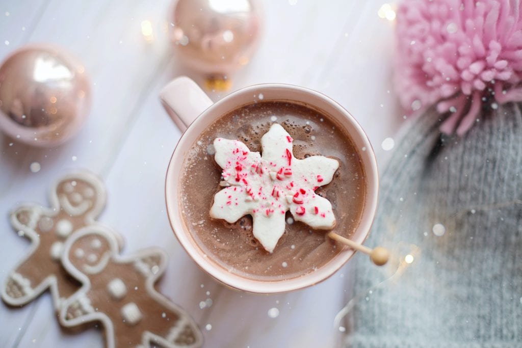 Cup of hot chocolate with snowflaked shaped marshmallow in it. Cookies surround mug of hot chocolate.