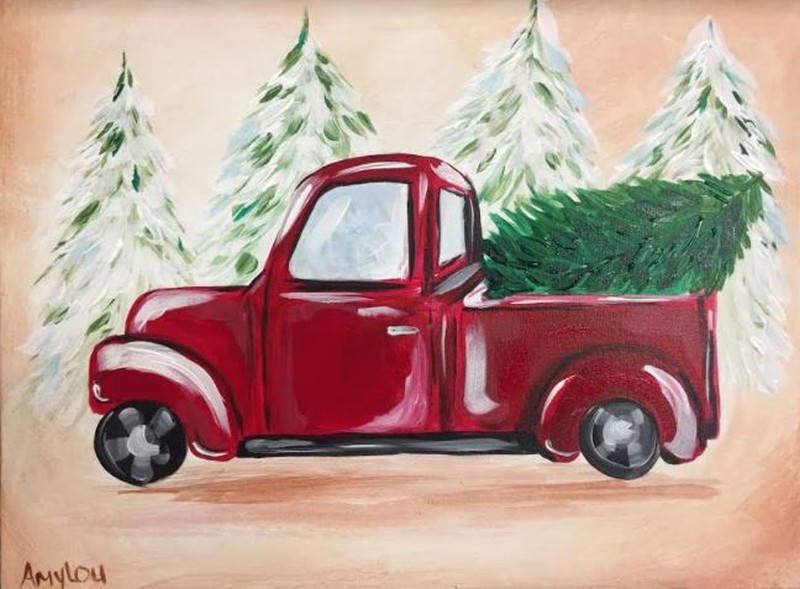 Paitining of red truck with Christmas tree in the truck bed.
