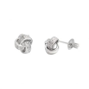 Sterling silver and diamond stud earrings with a love knot shape