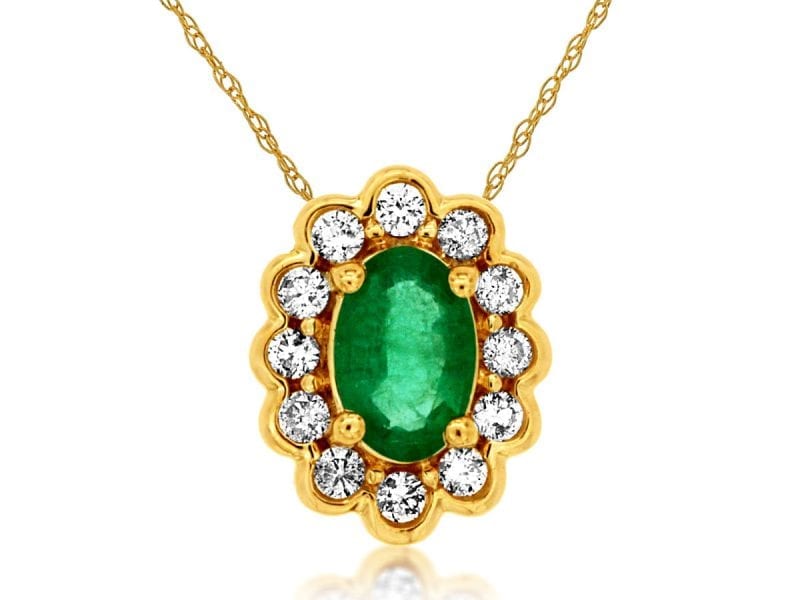 Oval Emerald & Diamond Halo Pendant Necklace in 14k Yellow Gold