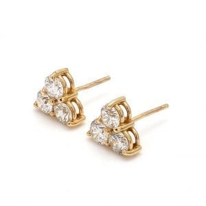 Three Stone Diamond Stud Earrings in 14k Yellow Gold