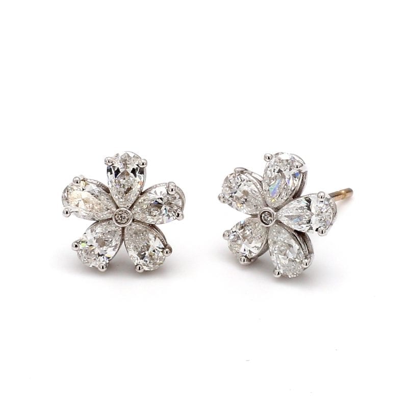 Pear Shaped Diamond Flower Stud Earrings in 18k White Gold