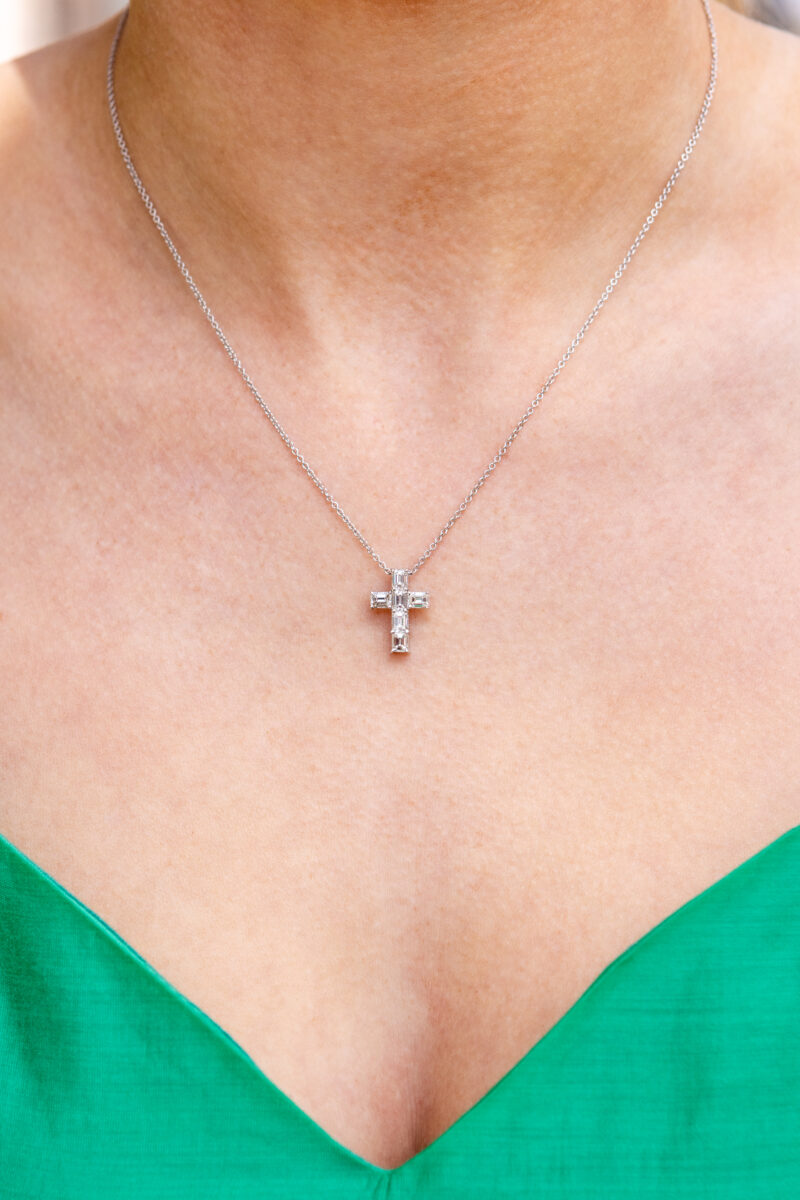 Emerald Cut Diamond Cross Necklace in 18k White Gold