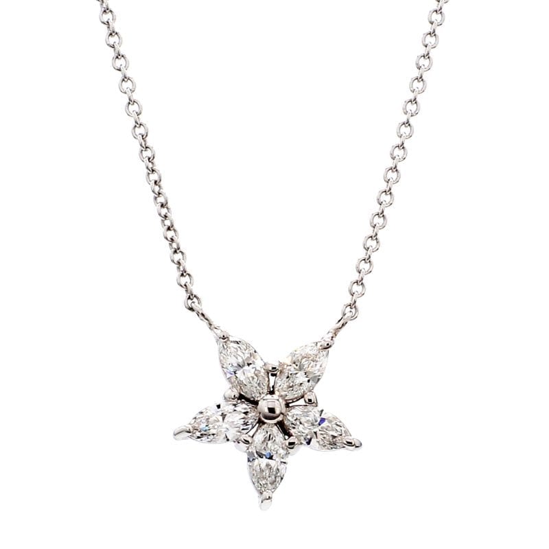 Marquise Diamond Flower Pendant Necklace in 14k White Gold