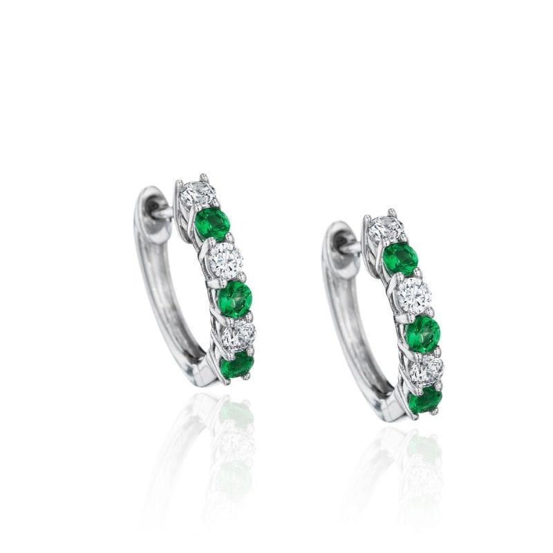 Emerald & Diamond Huggie Hoop Earrings in 14k White Gold