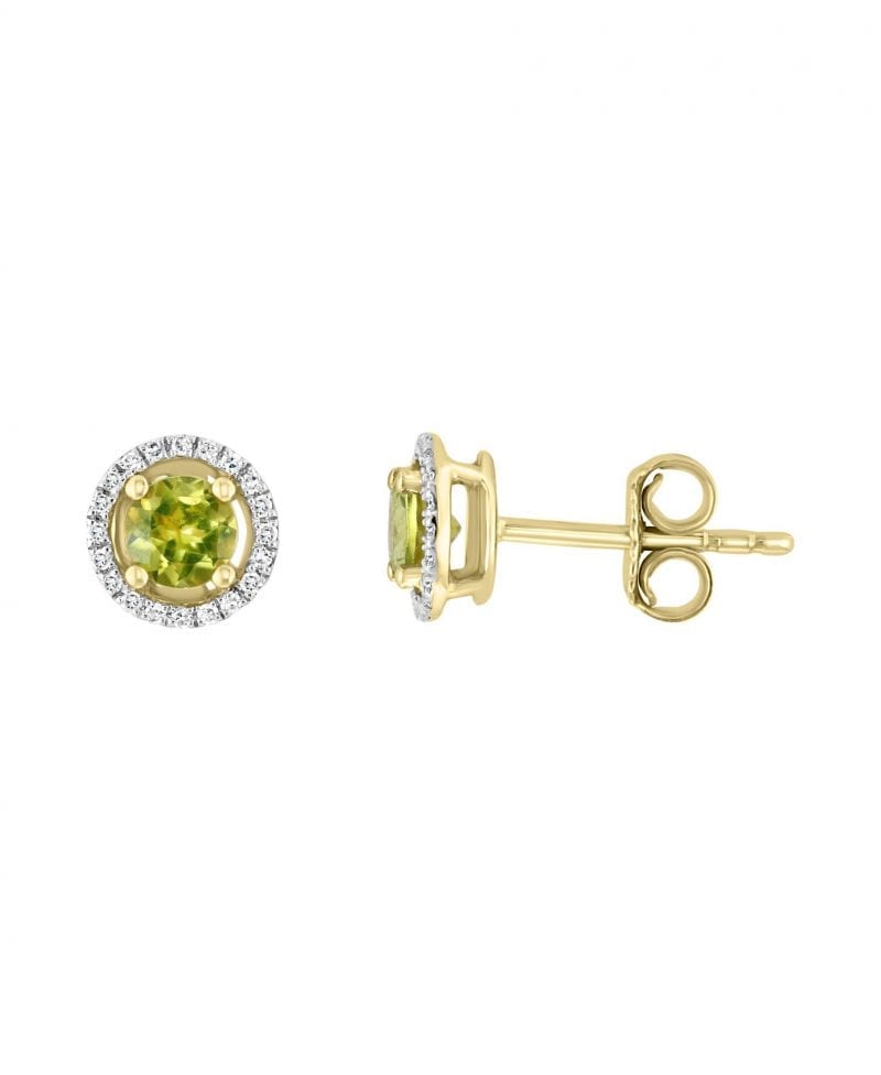 Peridot & Diamond Halo Stud Earrings in 14k Yellow Gold