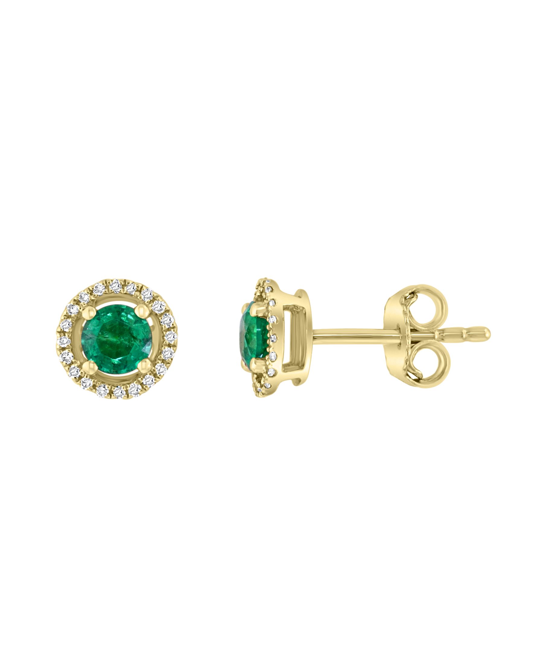 Golden Round Natural Green Emerald Gemstone Studs In Silver Gold Plated  Earrings