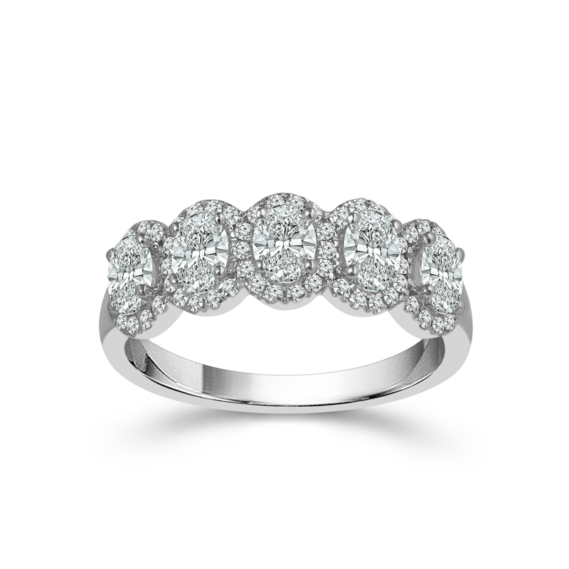 Five Stone Oval Diamond Halo Ring in 14k White Gold