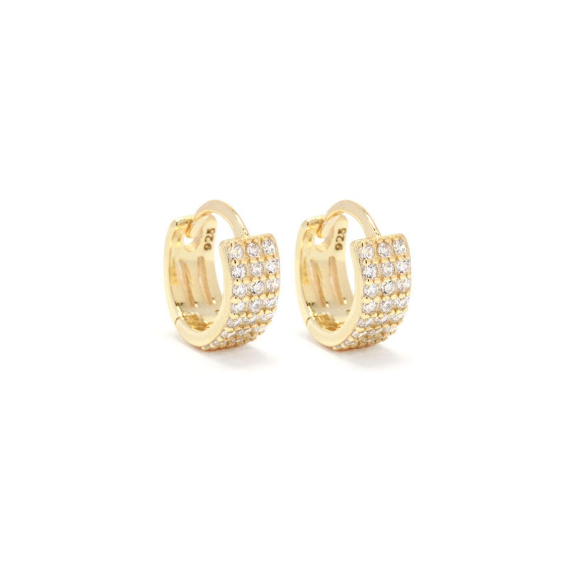 Yellow-Gold-Plate-Huggie-Earrings- with-three-rows-of-cz-stones-on-front