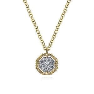 Pave Diamond Octagon Pendant Necklace in 14k Yellow Gold