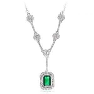 Diamond Cluster & Emerald Pendant Necklace in 14k White Gold Necklaces & Pendants Bailey's Fine Jewelry