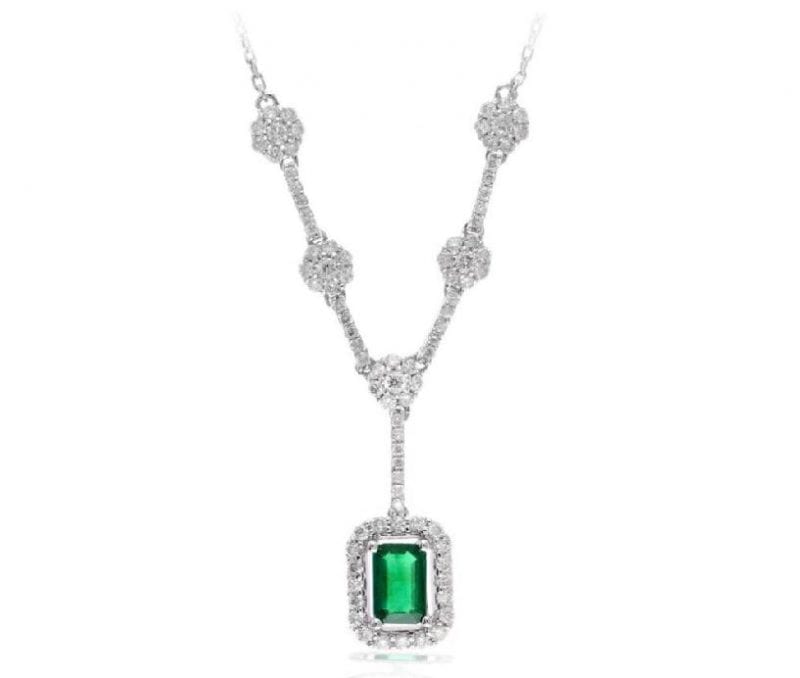 Diamond Cluster & Emerald Pendant Necklace in 14k White Gold