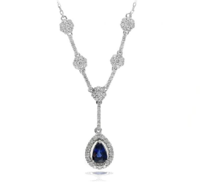 Diamond Cluster & Sapphire Pendant Necklace in 14k White Gold