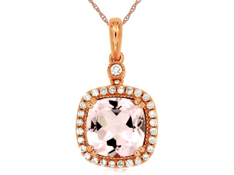 Morganite & Diamond Halo Cushion Pendant Necklace in 14k Rose Gold
