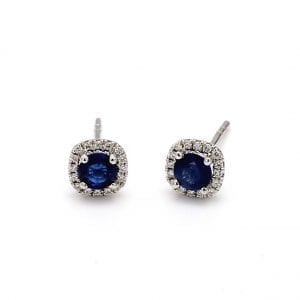 Sapphire & Diamond Cushion Stud Earrings in 14k White Gold