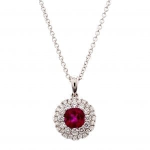 Ruby & Diamond Double Halo Pendant Necklace in 14k White Gold