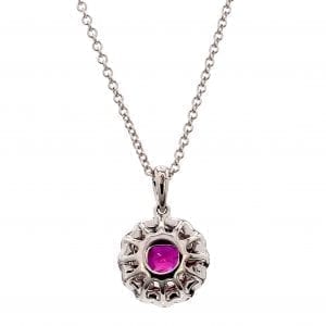 Ruby & Diamond Double Halo Pendant Necklace in 14k White Gold